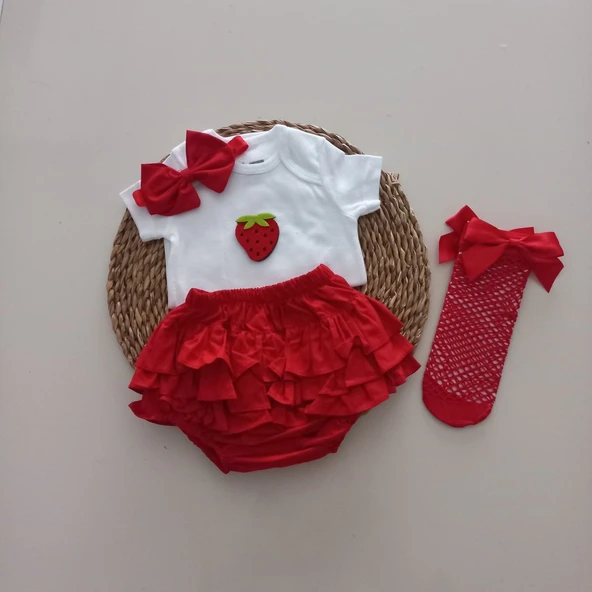MARS BABY Kız Bebek Kırmızı Çilek Fırfır Şort Etek Bodyli Kırmızı File Takımı ürün görseli 1