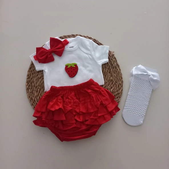 MARS BABY Kız Bebek Kırmızı Çilek Fırfır Şort Etek Bodyli Beyaz File Takımı ürün görseli 1