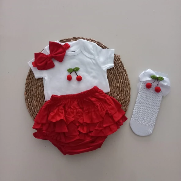 MARS BABY Kız Bebek Ponpon Kiraz Fırfır Şort Etek Bodyli Beyaz File Takımı ürün görseli 1