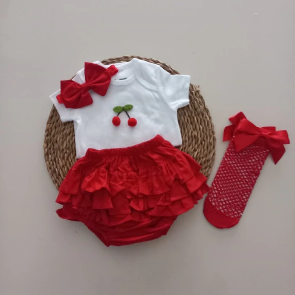 MARS BABY Kız Bebek Ponpon Kiraz Fırfır Şort Etek Bodyli Kırmızı File Takımı ürün görseli 1