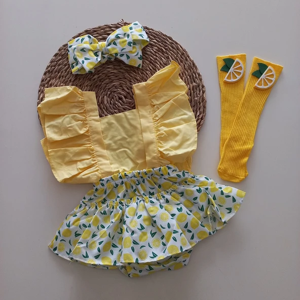 MARS BABY Kız Bebek Limon Desenli Fırfırlı Salopet Bandana Figürlü Çorap Takım ürün görseli 1
