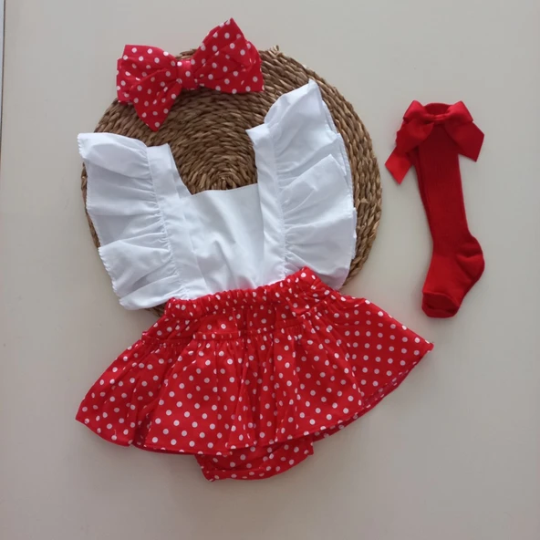 MARS BABY Kız Bebek Kırmızı Puantiyeli Fırfırlı Salopet Bandana Fiyonklu Çorap Takım ürün görseli 1
