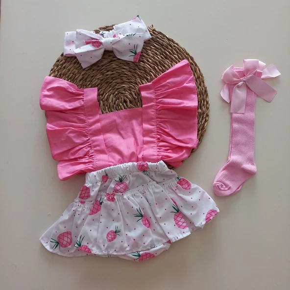 MARS BABY Kız Bebek Ananas Desenli Fırfırlı Salopet Bandana Pembe Fiyonklu Çorap Takım ürün görseli 1
