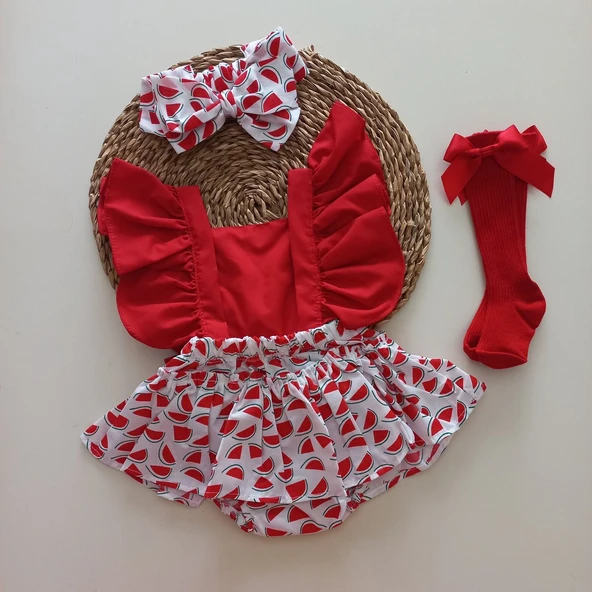 MARS BABY Kız bebek Karpuz Desenli Salopet Bandana Kırmızı Fiyonk Çorap Takım ürün görseli 1