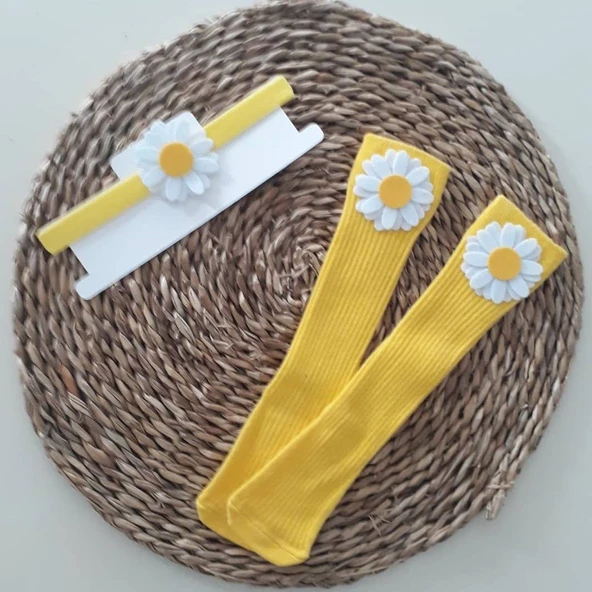 MARS BABY Kız Bebek Sarı Papatya Figür Bandana ve Çorap Set ürün görseli 1