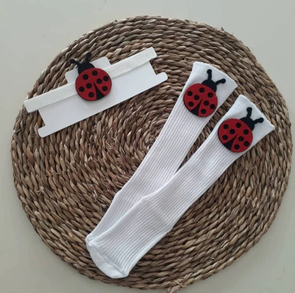 MARS BABY Kız Bebek Kırmızı Uğur Böceği Figürlü Bandana ve Beyaz Çorap Set ürün görseli 1