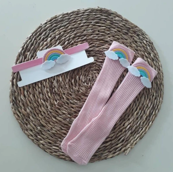 MARS BABY Kız Bebek Pembe Gökkuşağı Figürlü Bandana ve Çorap Set ürün görseli 1