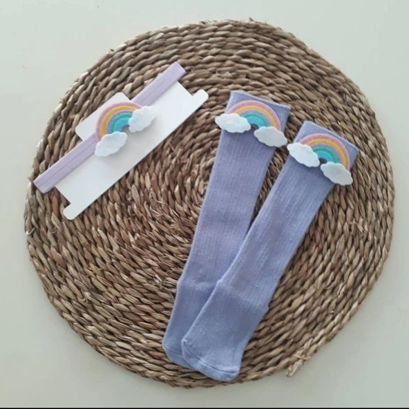 MARS BABY Kız Bebek Lila Gökkuşağı Figürlü Bandana ve Çorap Set ürün görseli 1