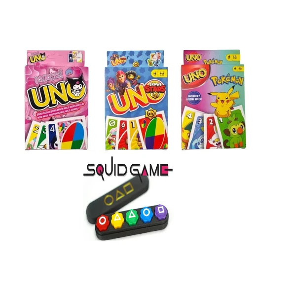 Squid Game 2 Gonggi 5 Taş Kuromi Uno + Brawl Stars Uno + Pokemon Uno Oyun Kartları - 4 lü Set ürün görseli 1