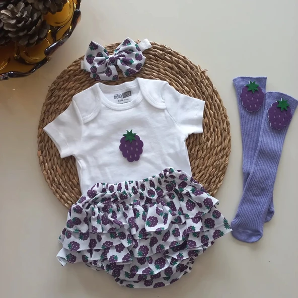 MARS BABY Kız Bebek Lila Böğürtlen Desenli Fırfırşort Etek Bandana Figürlü Çorap Set ürün görseli 1
