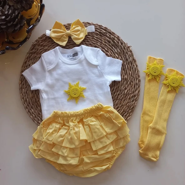 MARS BABY Kız Bebek Sarı Fırfırşort Etek Bandana Güneş Figürlü Çorap Set ürün görseli 1
