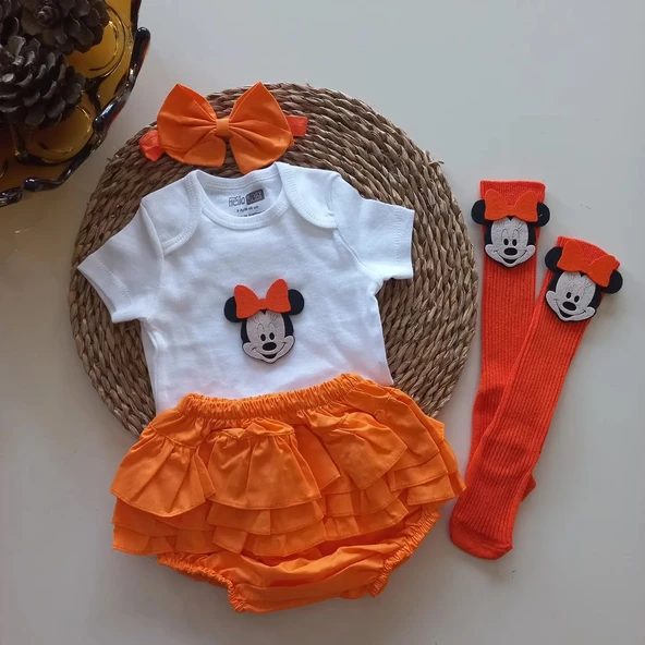 MARS BABY Kız Bebek Turuncu Fırfırşort Etek Bandana Minnie Mouse Figür Çorap Set ürün görseli 1
