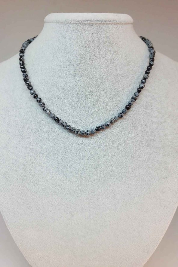Kar Tanesi Obsidyen Taşı 4-4.5mm aralığı 1000 Ayar Gümüş İpli Kolye (Klipsli) ürün görseli 1
