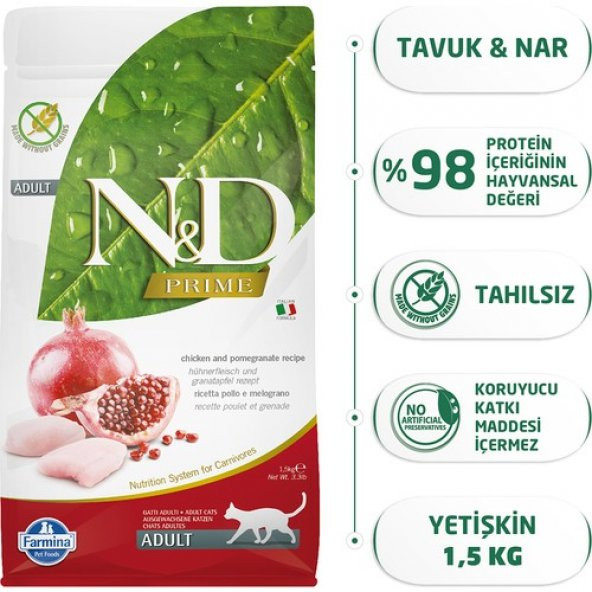 N&D Prime Tahılsız 1,5 kg Tavuklu Narlı Yetişkin Kedi Maması ürün görseli 1