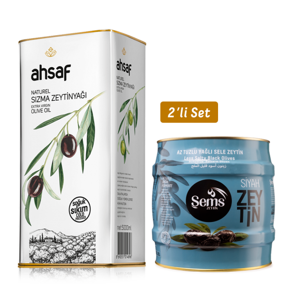 Soğuk Sıkım Natürel Sızma Zeytinyağı 5L -Teneke +Şems Yağlı Siyah Sele  Zeytin 2 Kg 261-290 Kalibre  (2'li Ekonomik Paket) ürün görseli 1