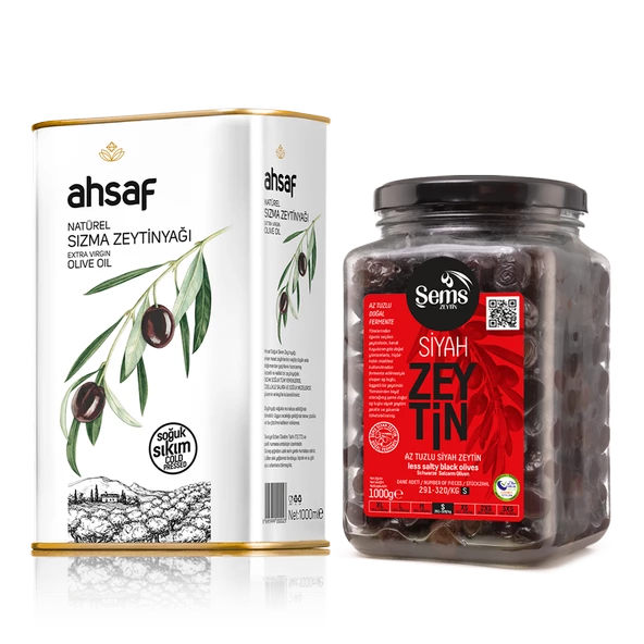 Soğuk Sıkım Natürel Sızma Zeytinyağı 1L Teneke + Şems Yağlı Siyah Sele Zeytin 1 Kg 291-320- Cam (2'li Ekonomik Paket) ürün görseli 1