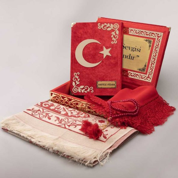 Şal+Seccade+Tesbih+AyYıldız Kuran Set (Orta, Kırmzı, Gold Pleksi) ürün görseli 1