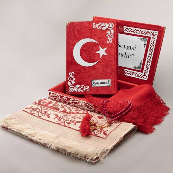 Şal+Seccade+Tesbih+AyYıldız Kuran Set (Orta, Kırmzı, Gümüş Plksi) ürün görseli 1