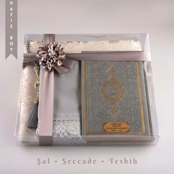Şal + Seccade + Tesbih + Kuran Hediye Seti (Hafız Boy, Gri) ürün görseli 1