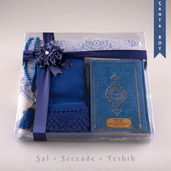Şal + Seccade + Tesbih + Kuran Hediye Seti (Çanta Boy, Lacivert) ürün görseli 1