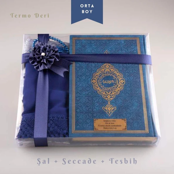 Şal + Seccade + Tesbih + Kuran Hediye Seti (Orta Boy, Lacivert) ürün görseli 1