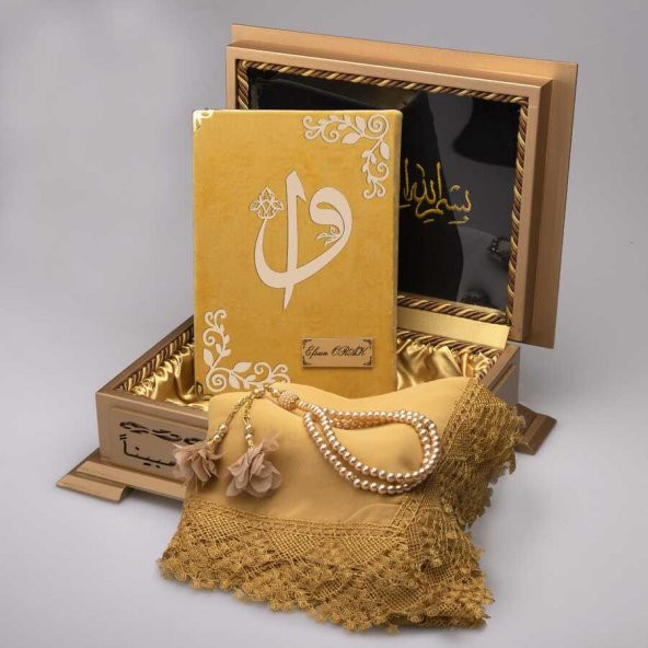Şal + Tesbih + Kuran Hediye Seti (Hafız Boy, Ahşap Kutulu, Kadife, Gold) ürün görseli 1