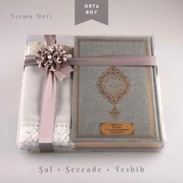 Şal + Seccade + Tesbih + Kuran Hediye Seti (Orta Boy, Gri) ürün görseli 1