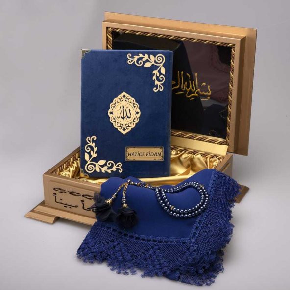 Şal + Tesbih + Kuran Hediye Set (Hafız Boy, Kadife, Lacivert) ürün görseli 1
