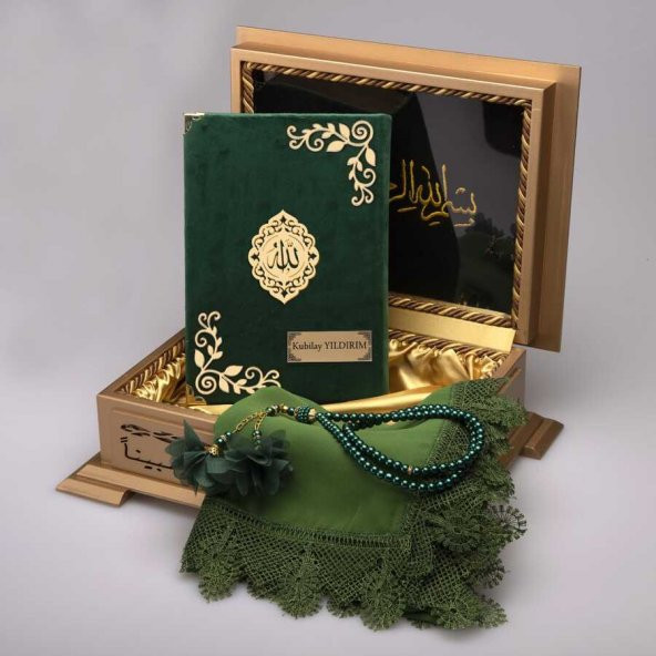 Şal + Tesbih + Kuran Hediye Set (Hafız By, Kadife, Zeytin Yeşili) ürün görseli 1