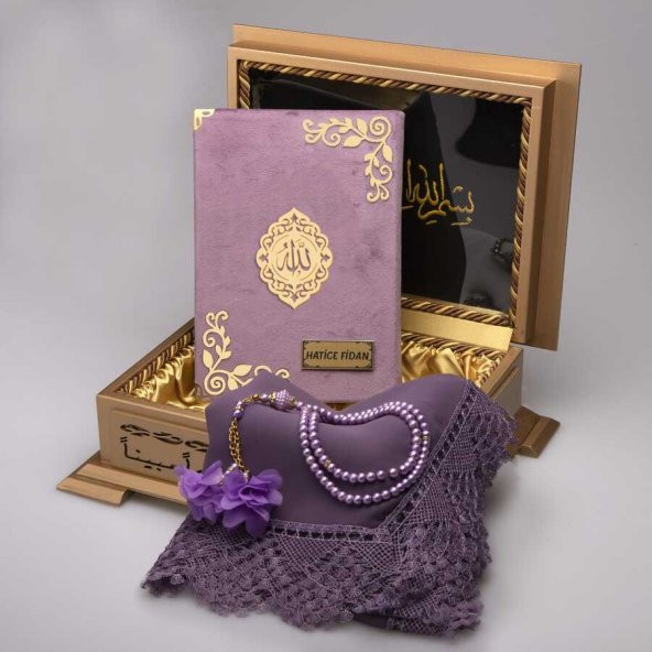 Şal + Tesbih + Kuran Hediye Set (Hafız Boy, Kadife, Lila) ürün görseli 1