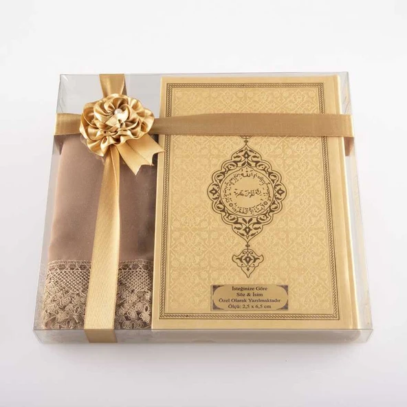 Şal + Tesbih + Kuran Hediye Seti (Çanta Boy, Gold) ürün görseli 1