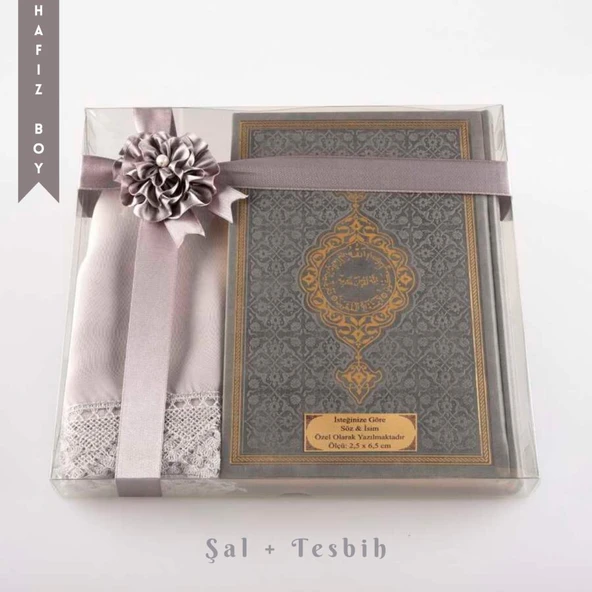 Şal + Tesbih + Kuran Hediye Seti (Hafız Boy, Gri) ürün görseli 1