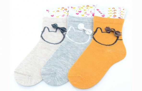 Ekinoks 3 lü Kedi-Kurdele Baskı Yarım Konç Kız Çocuk Çorap ürün görseli 1