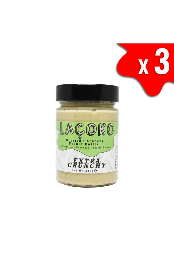 Laçoko Şekersiz Katkısız Glutensiz Vegan Az Kavrulmuş Çiğ Parçacıklı Extra Crunchy Fıstık Ezmesi 3 x 320 G ürün görseli 1