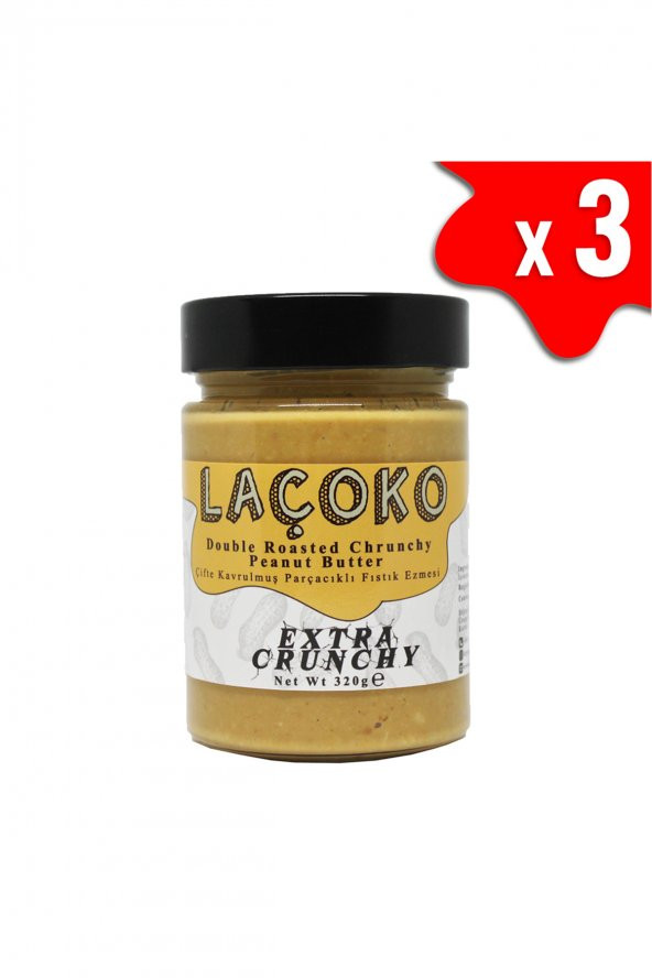 Laçoko Şekersiz Katkısız Glutensiz Vegan Doğal Çifte Kavrulmuş Parçacıklı Yer Fıstığı Ezmesi 3 x 320 G ürün görseli 1
