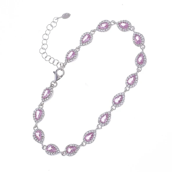 Pembe Zirkon Taşlı Damla Model 925 Ayar Gümüş Kadın Bileklik ürün görseli 1