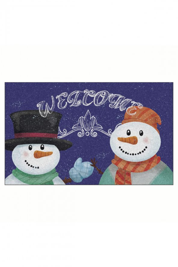 Yılbaşı Welcome Kardan Adamlar Tasarım Kapı Önü ve Ev İçi Paspas 45x75 cm ürün görseli 1