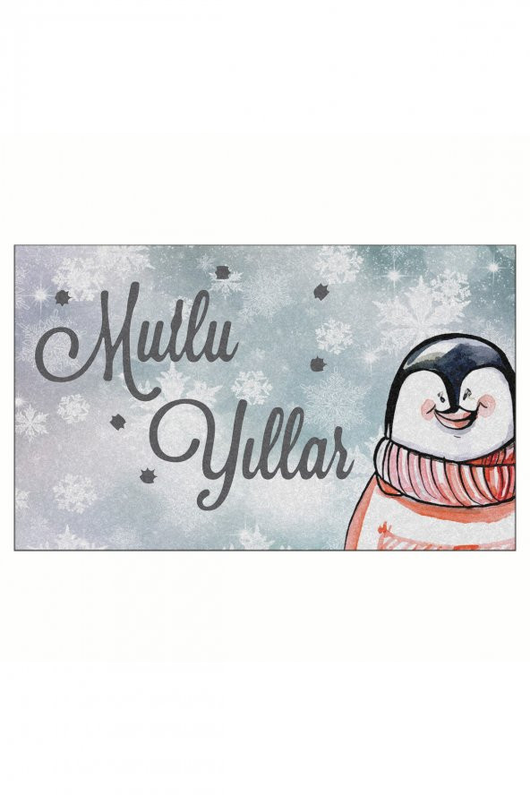 Yılbaşı Mutlu Yıllar Penguen Tasarım Kapı Önü ve Ev İçi Paspas 45x75 cm ürün görseli 1