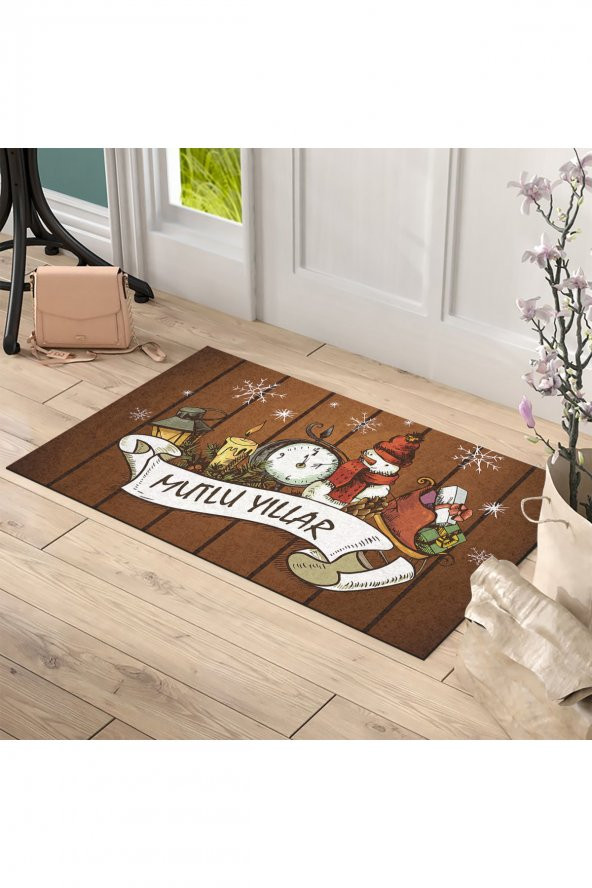 Yılbaşı Mutlu Yıllar Tasarım Kapı Önü ve Ev İçi Paspas 45x75 cm ürün görseli 1
