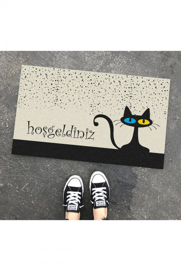 Sevimli Karşılama Kedi Tasarım Kapı Önü ve Ev İçi Paspas 45x75 cm ürün görseli 1