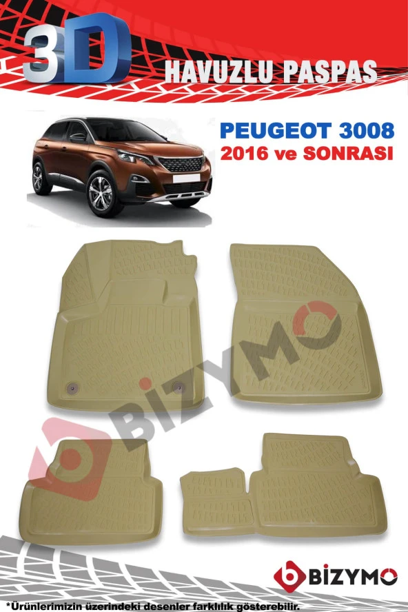 Peugeot 3008 2016 Ve Sonrası 3D Havuzlu Bej Paspas Takımı Bizymo ürün görseli 1