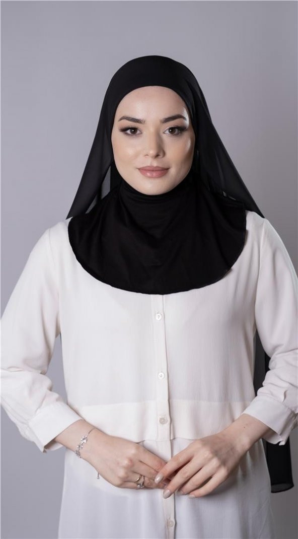 Siyah Pratik Hazır Geçmeli Şal Şifon Kumaş Hijab Bone 3009_01 ürün görseli 1