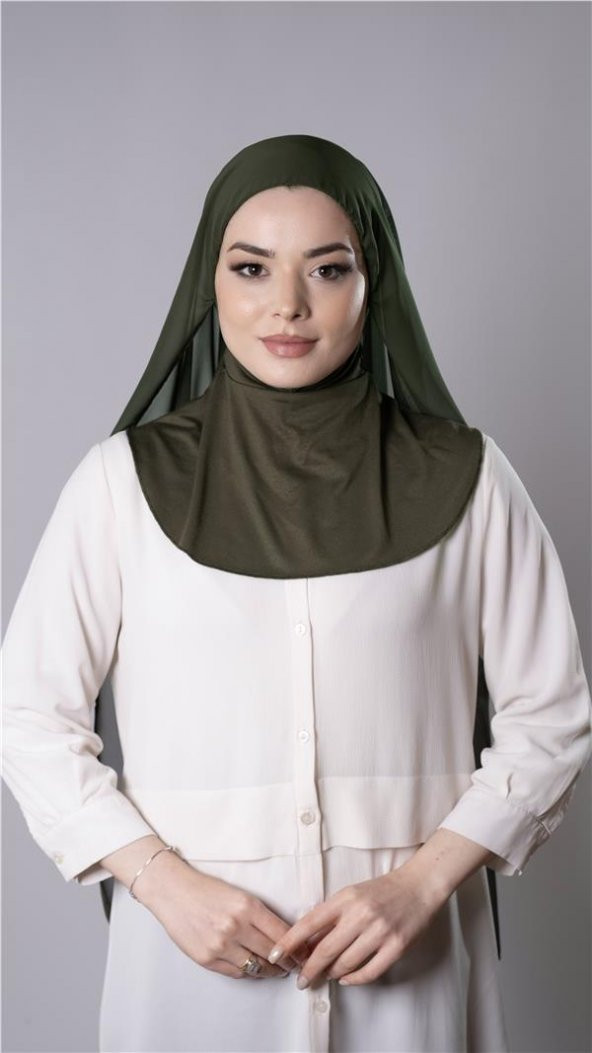 Haki Pratik Hazır Geçmeli Şal Şifon Kumaş Hijab Bone 3009_09 ürün görseli 1