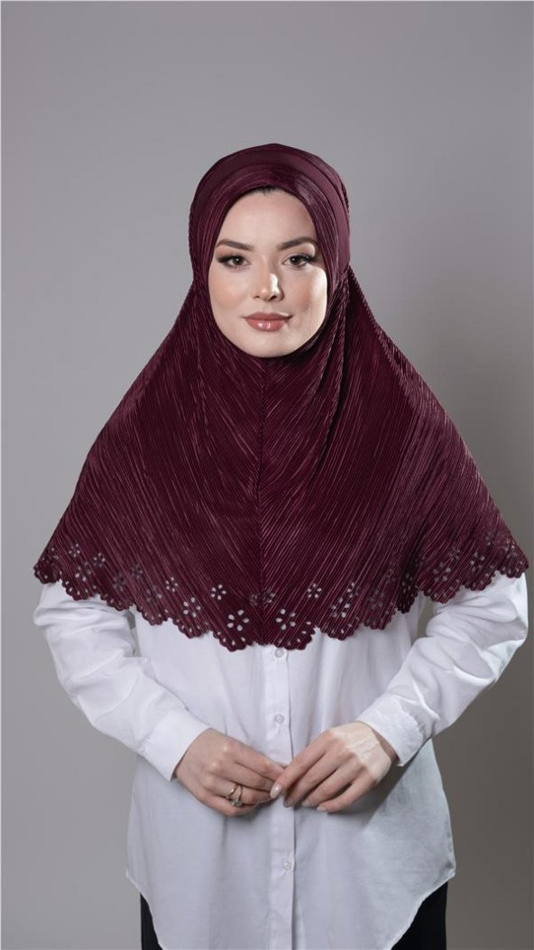 Bordo Pratik Hazır Geçmeli Tesettür Eşarp Fukuro Kumaş Piliseli Çiçek Desenli Lazer Kesim 1829_16 ürün görseli 1
