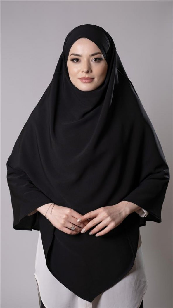 Siyah Pratik Hazır Geçmeli Tesettür Eşarp Medine İpeği Bağcıklı Çift Katlı Sufle Hijab 2302_01 ürün görseli 1