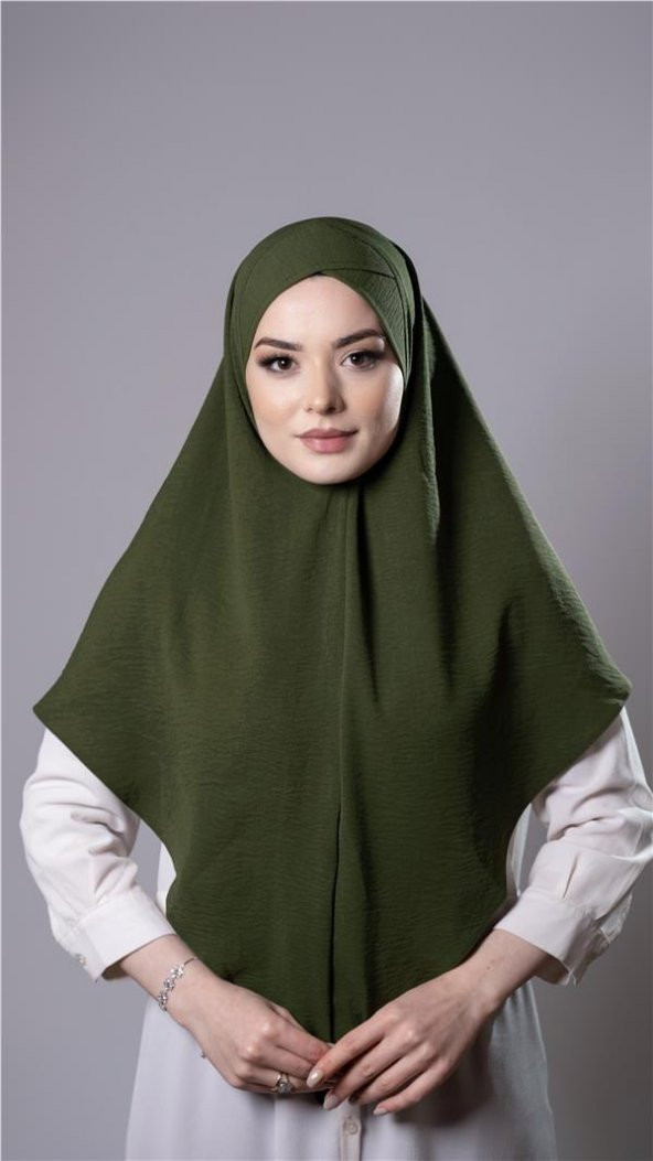 Haki Pratik Hazır Geçmeli Tesettür Eşarp Aerobin Kumaş  Çapraz Hijab 2307_09 ürün görseli 1