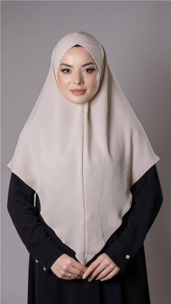 Bej Pratik Hazır Geçmeli Tesettür Eşarp Aerobin Kumaş  Çapraz Hijab 2307_12 ürün görseli 1