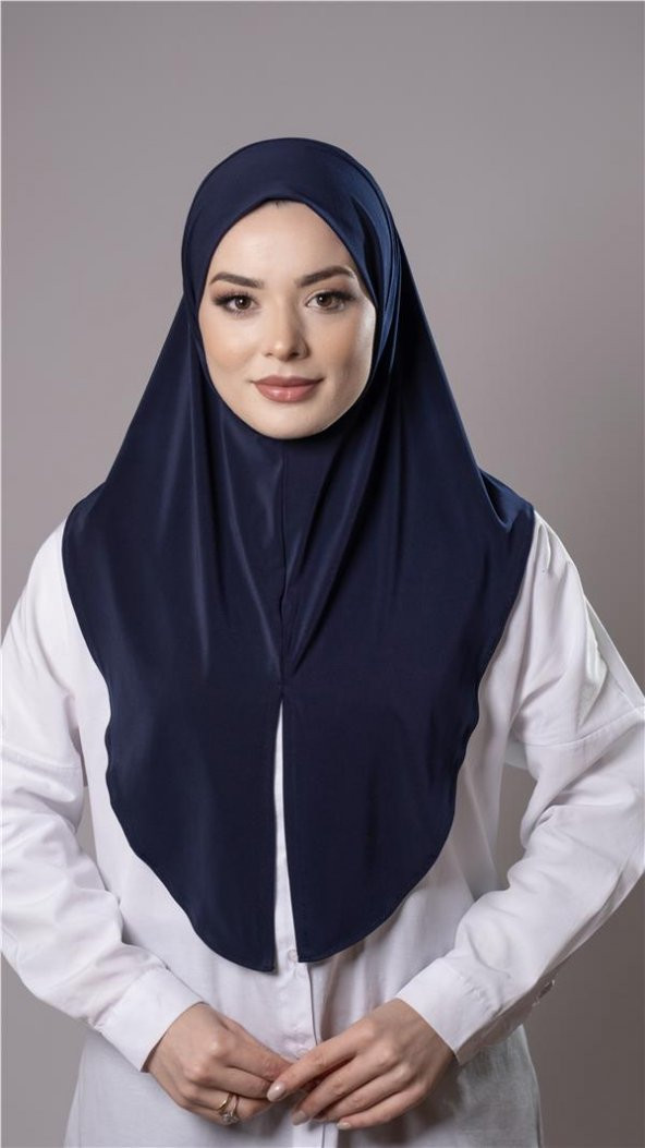 Lacivert Pratik Hazır Geçmeli Tesettür Eşarp Sandy Kumaş Yırtmaçlı Düz Hijab 2310_02 ürün görseli 1