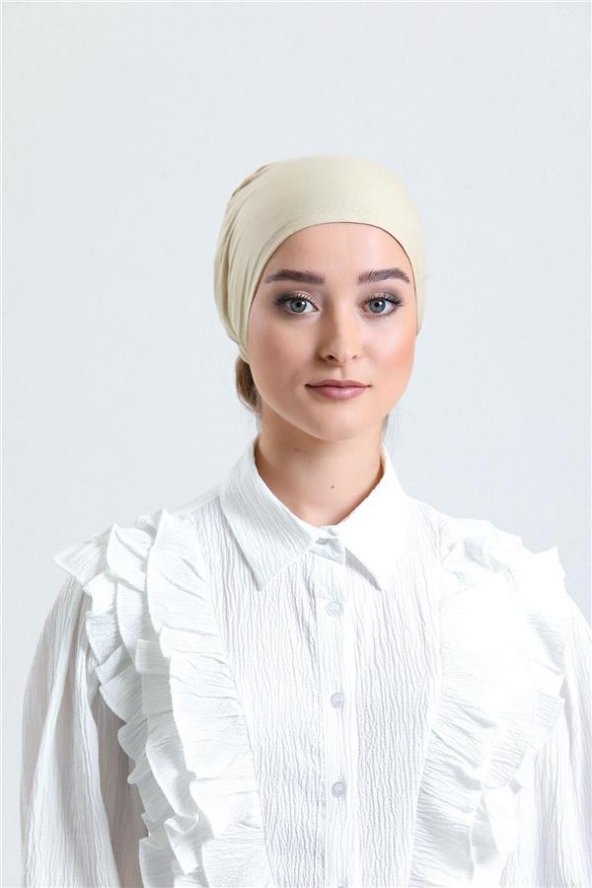 Bej Arkadan Bağlamalı Tesettür Bone Penye Kumaş Düz Bone 1011_12 ürün görseli 1