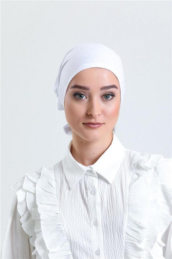 Beyaz Arkadan Bağlamalı Tesettür Bone Penye Kumaş Düz Bone 1011_42 ürün görseli 1